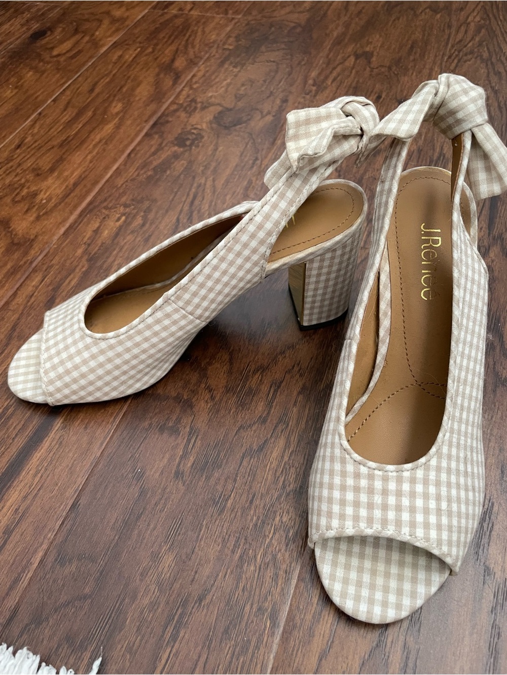 J.Renee Beige Gingham Peep-Toe Block Heel with Ankle Tie